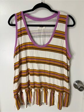 Anthropologie Porridge Pomelo Striped Ruffle Hem Tank Top Elevated Tank Prarie